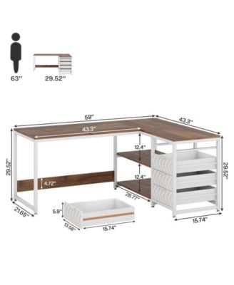 L Shaped Computer Desk with Storage Drawers, 59 inch Corner Desk with Shelves, Reversible L-Shaped Office Desk Study Writing Table Workstation for Home Office