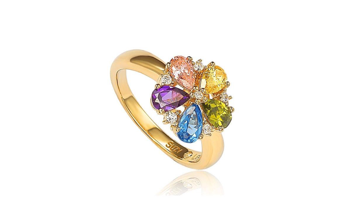 Suzy Levian Sterling Silver Cubic Zirconia Multi-colored Floral Cluster Ring - Gold