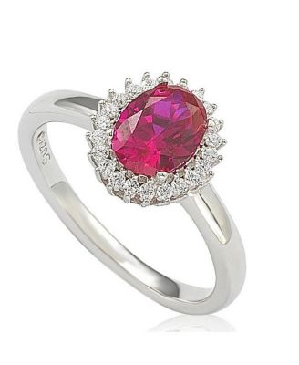 Sterling Silver Cubic Zirconia Red Oval Halo Ring