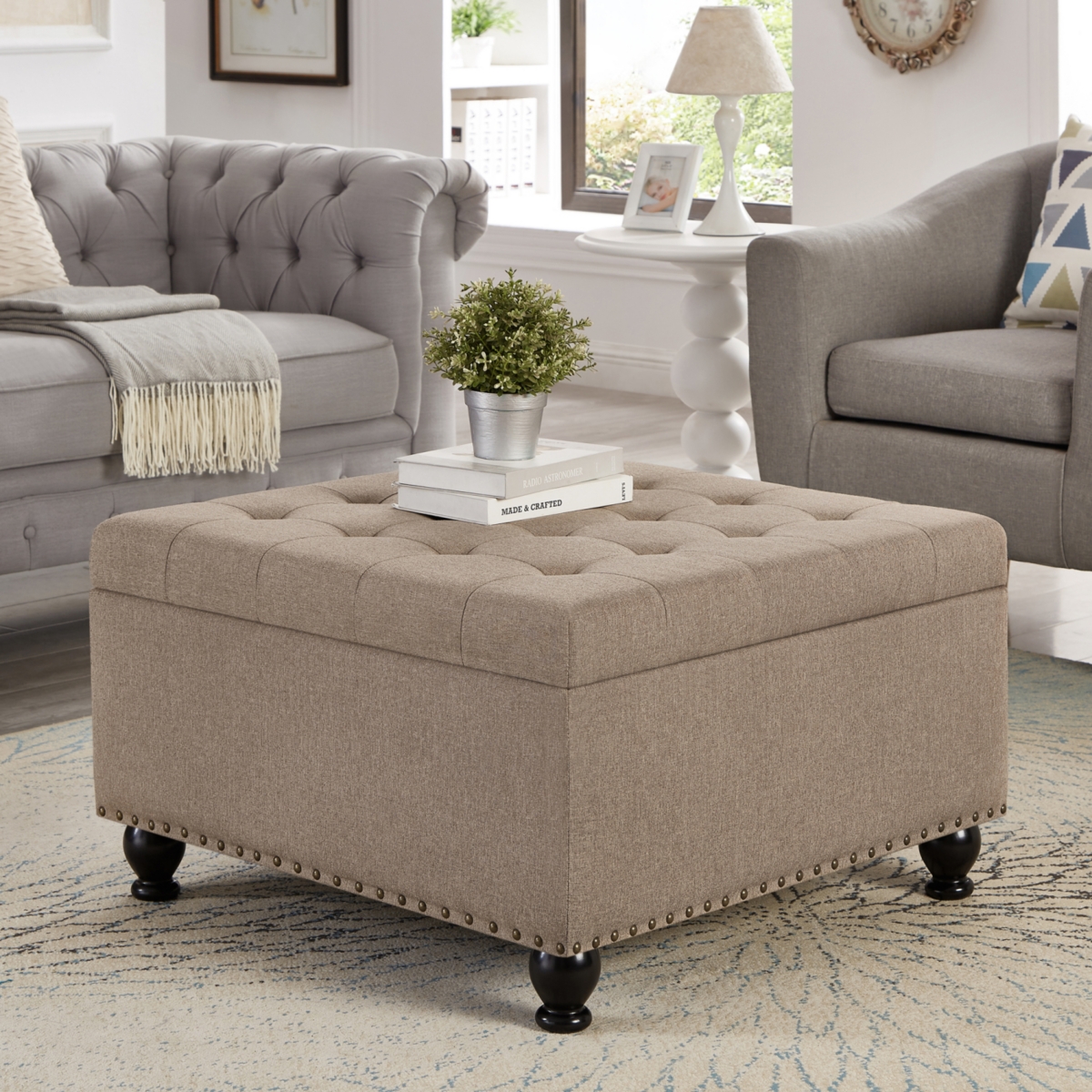 Linen Upholstered Storage Ottoman/coffee table with Wooden Legs