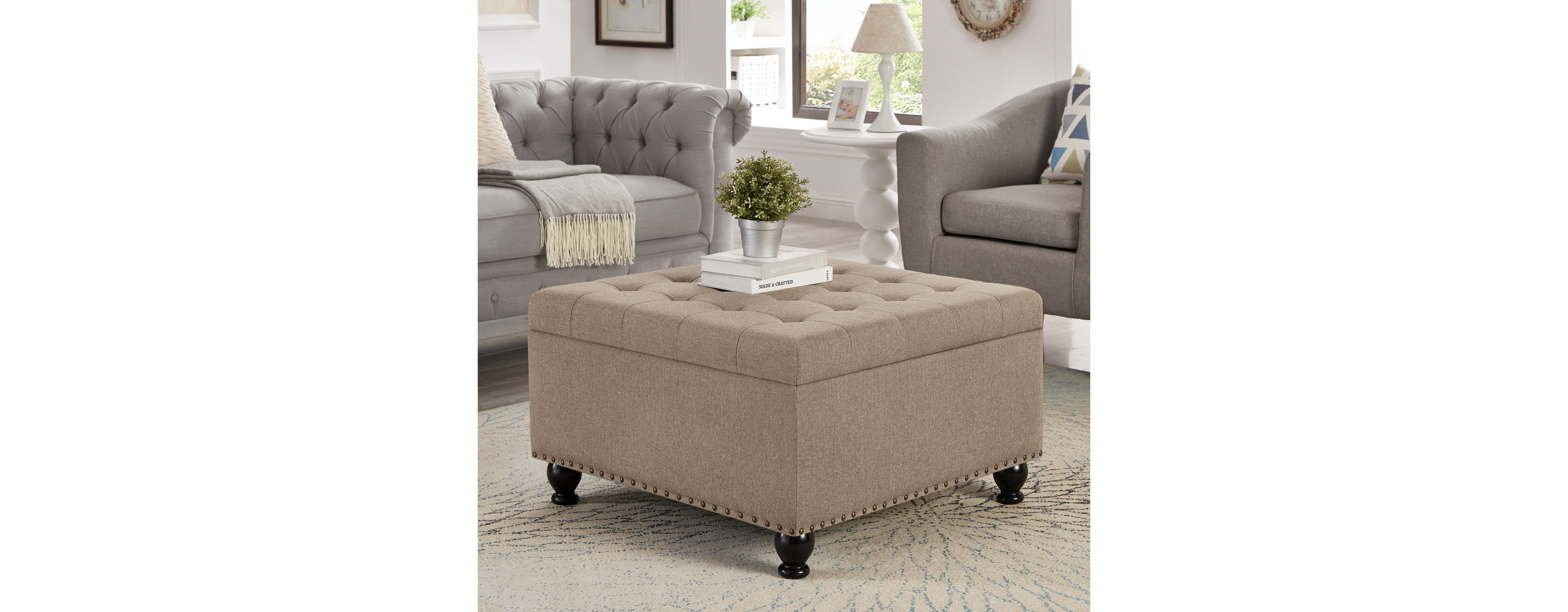 Linen Upholstered Storage Ottoman/coffee table with Wooden Legs