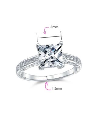 Classic Cubic Zirconia 3CT Square CZ Princess Cut Solitaire Promise Ring Sterling Silver Milgrain Pave Band
