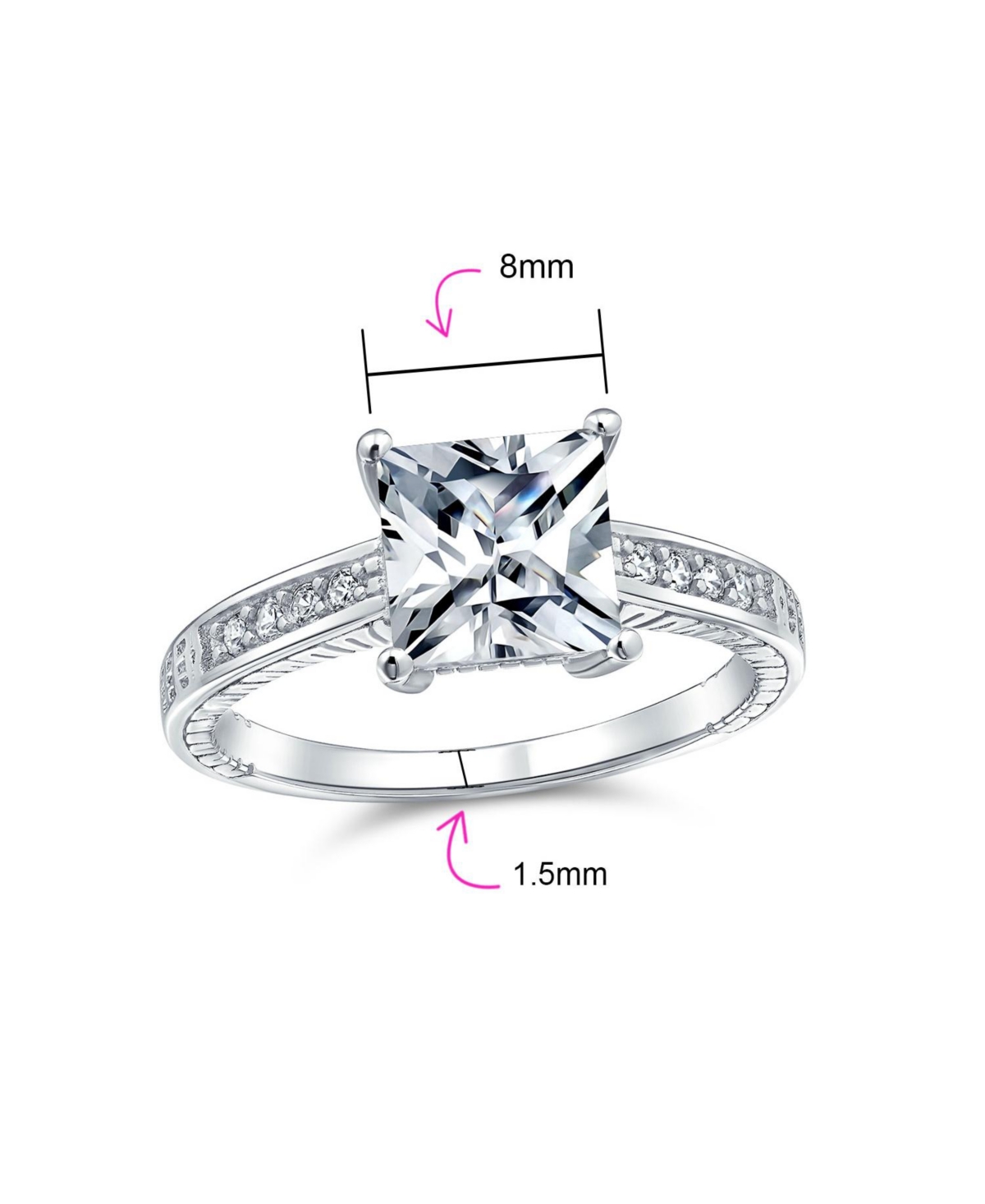 Bling Jewelry Classic Cubic Zirconia 3CT Square Cz Princess Cut Solitaire Promise Ring For Women Sterling Silver Milgrain Pave Band