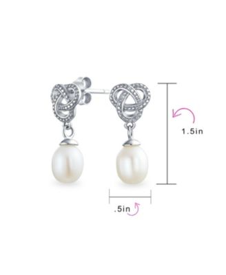 Love Knot White Freshwater Cultured Pearl Teardrop Dangle Earrings Prom Sterling Silver