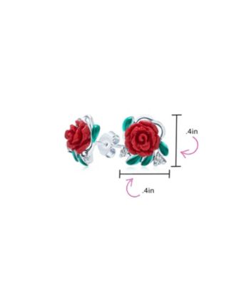 Delicate Floral Blooming Flower CZ Green CZ Leaf 3D carved Red Rose Stud Earrings Sterling Silver