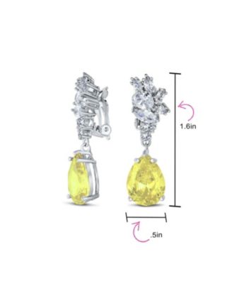Cubic Zirconia CZ Statement Dangle Leaf Teardrop Formal Chandelier Clip On Earrings Silver Plated