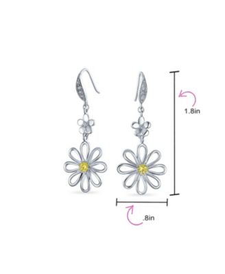 Spring Floral Yellow Cubic Zirconia Accent Open Flower Shape CZ Dangling Daisy Earrings Silver