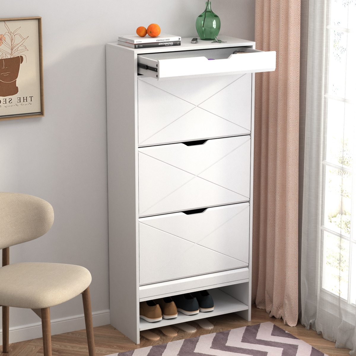 Mdf Wood 3 Tier Tipping Bucket Shoe Storage Cabinet - White Finish - White