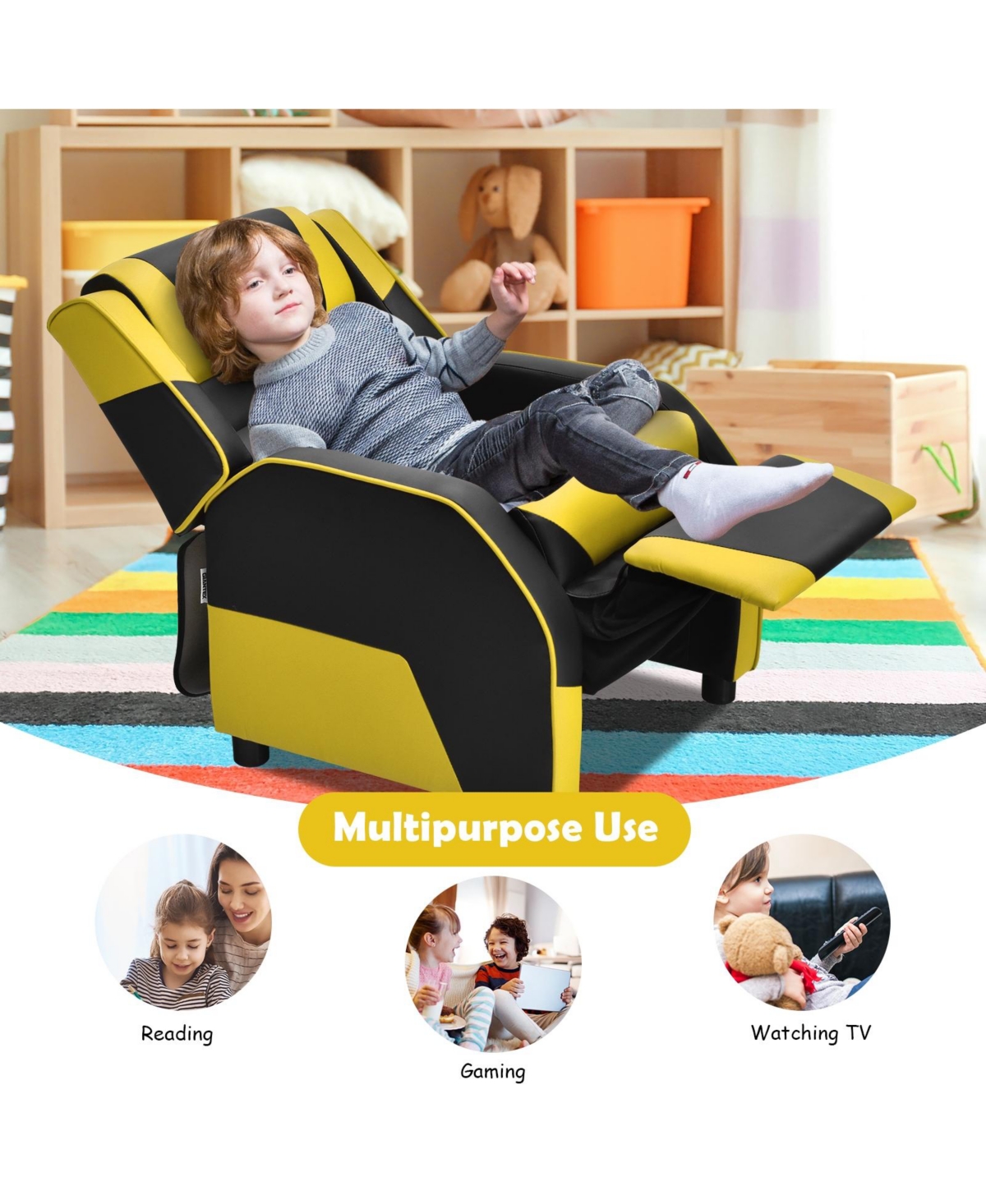 Slickblue Kids Youth Pu Leather Gaming Sofa Recliner with Headrest and Footrest