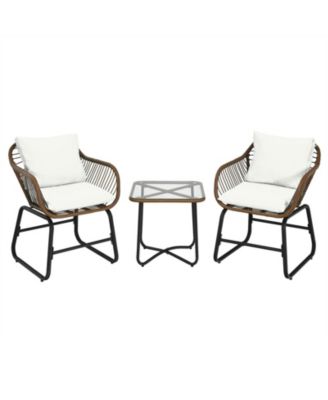 3 Pieces Patio Rattan Bistro Set Cushioned Chair Glass Table Deck