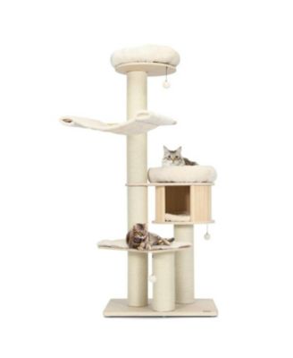 4-Layer 68.5-Inch Wooden Cat Tree Condo Activity Tower with Sisal Posts-Natural
