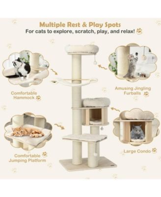4-Layer 68.5-Inch Wooden Cat Tree Condo Activity Tower with Sisal Posts-Natural