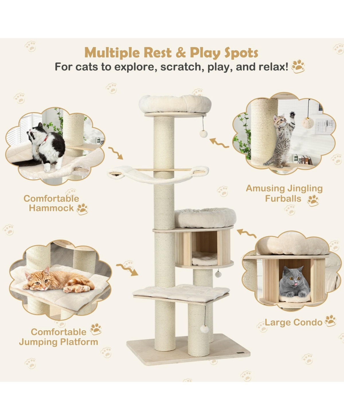 Slickblue 4-Layer 68.5-Inch Wooden Cat Tree Condo Activity Tower with Sisal Posts- Natural