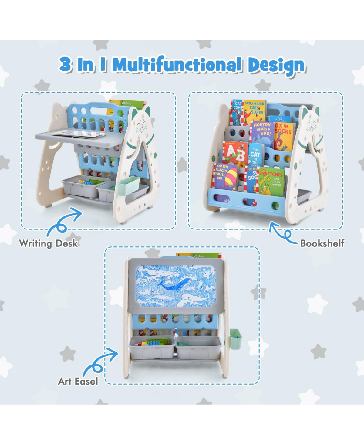 Slickblue 3-In-1 Double Sided Magnetic Dry-Erase Board with Stool and Flipped Writing Desktop