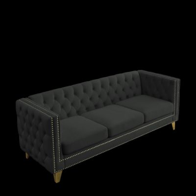  Modern Black Velvet Sofa with Tufted Square Arm