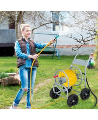 Garden Water Hose Reel Cart with 4 Wheels and Non-slip Grip - Silver