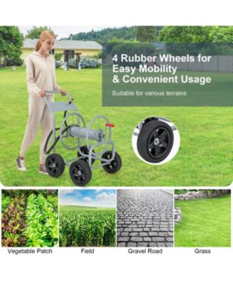 Garden Water Hose Reel Cart with 4 Wheels and Non-slip Grip - Silver