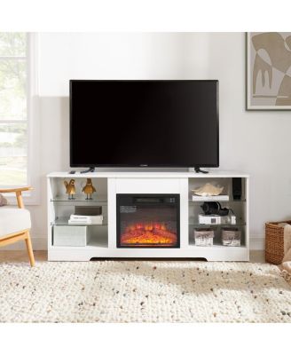 Modern Electric Fireplace TV Stand with Glass Shelves