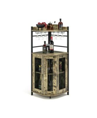 Industrial Corner Bar Cabinet with Glass Holder and Adjustable Shelf