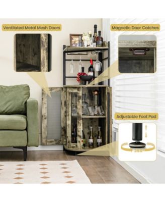 Industrial Corner Bar Cabinet with Glass Holder and Adjustable Shelf