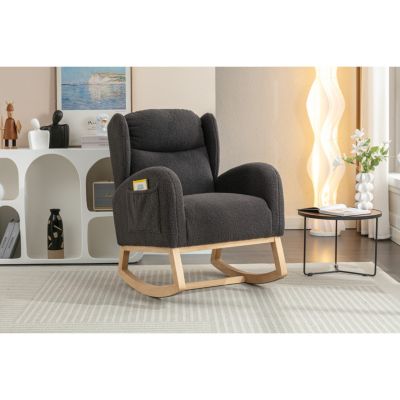 Teddy Fabric Rocking Chair With Packet Wood Legs, Dark Gray