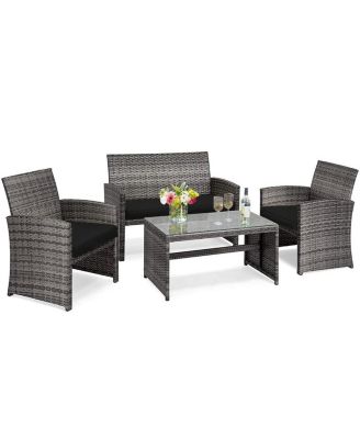 4 Pieces Patio Rattan Furniture Set with Glass Table and Loveseat