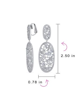 Large Cubic Zirconia Flower Leaf Oval Long Statement CZ Bouquet Chandelier Dangle Clip On Earrings Prom Rhodium Plated Brass