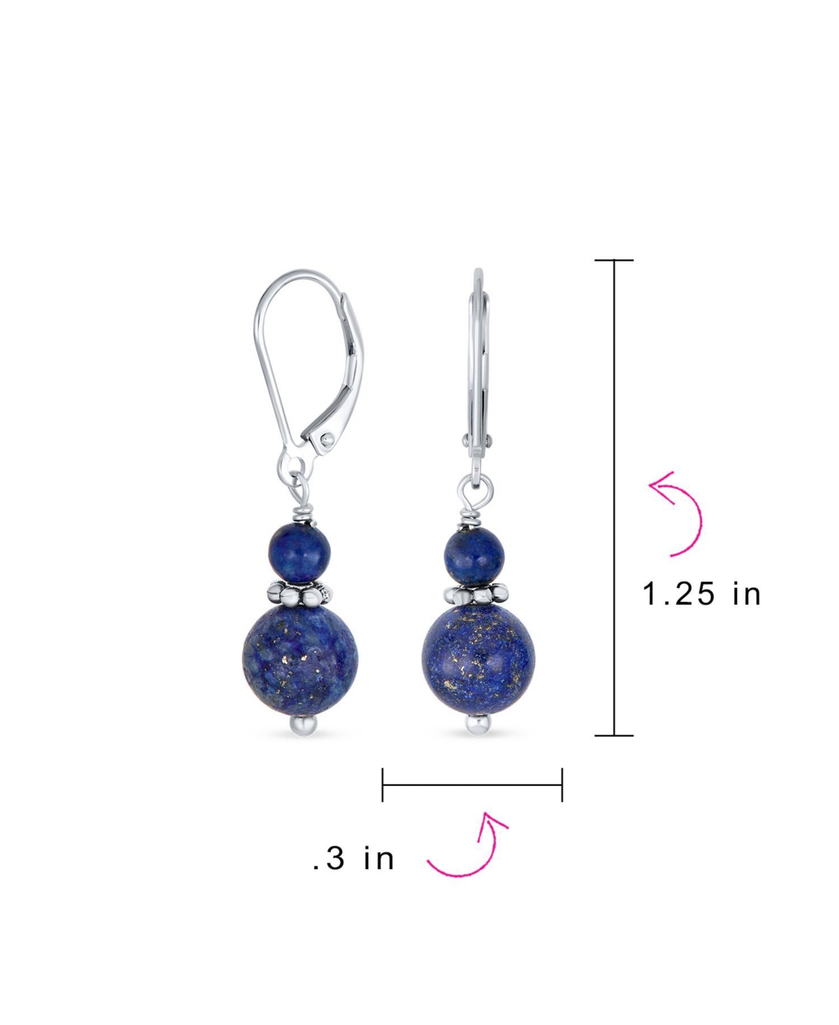 Bling Jewelry Blue Natural Lapis Lazuli Bali Milgrain Edged Beaded Rondel Separator Double Ball Round Drop Dangle Earrings Sterling Silver Lever back