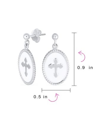 Christian Religious Spiritual White Enamel Oval Fleur De Lis Dangle Cross Earrings Sterling Silver