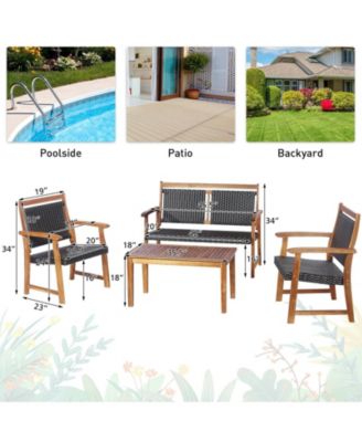 4 Pieces Outdoor Patio Rattan Furniture Conversation Sets with Acacia Wood Frame
