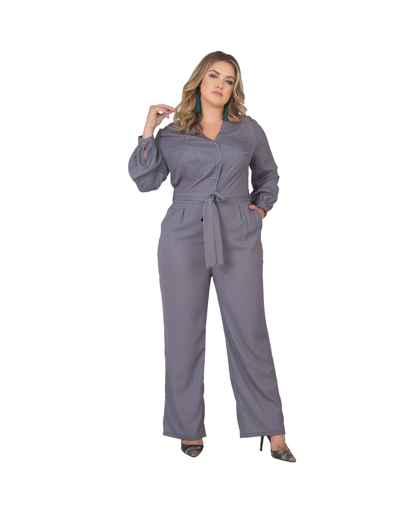 Женский комбинезон Standards & Practices Plus Size Long Sleeve Cropped Jumpsuit, цвет: Светлый серый — фото 1