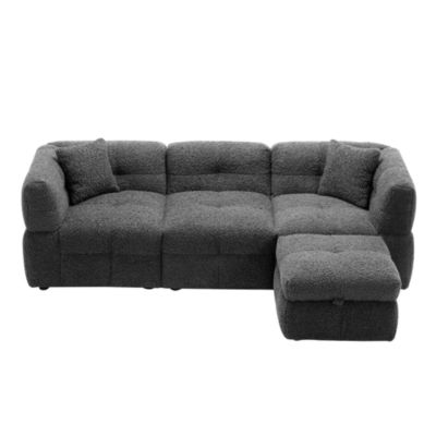 87.7" Sectional Sofa Cozy Teddy Fleece Fabric Sectional Sofa Couch With Two USB Ports