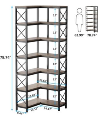 7 Shelf Corner Bookcase, Industrial Large Corner Bookshelf with Metal Frame