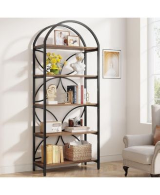 5-Tier Bookshelf, 75 Inch Tall Arched Bookcase Shelf Storage Organizer, Industrial Book Rack With Metal Frame, Open Standing Display Rack