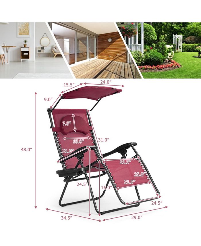 Slickblue Folding Recliner Lounge Chair with Shade Canopy Cup Holder