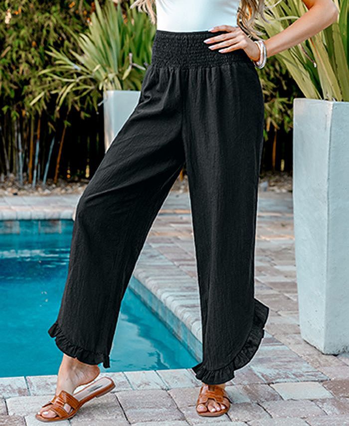 CUPSHE Women's Black Smocked Waist Straight Leg Ruffle Pants - Macy's