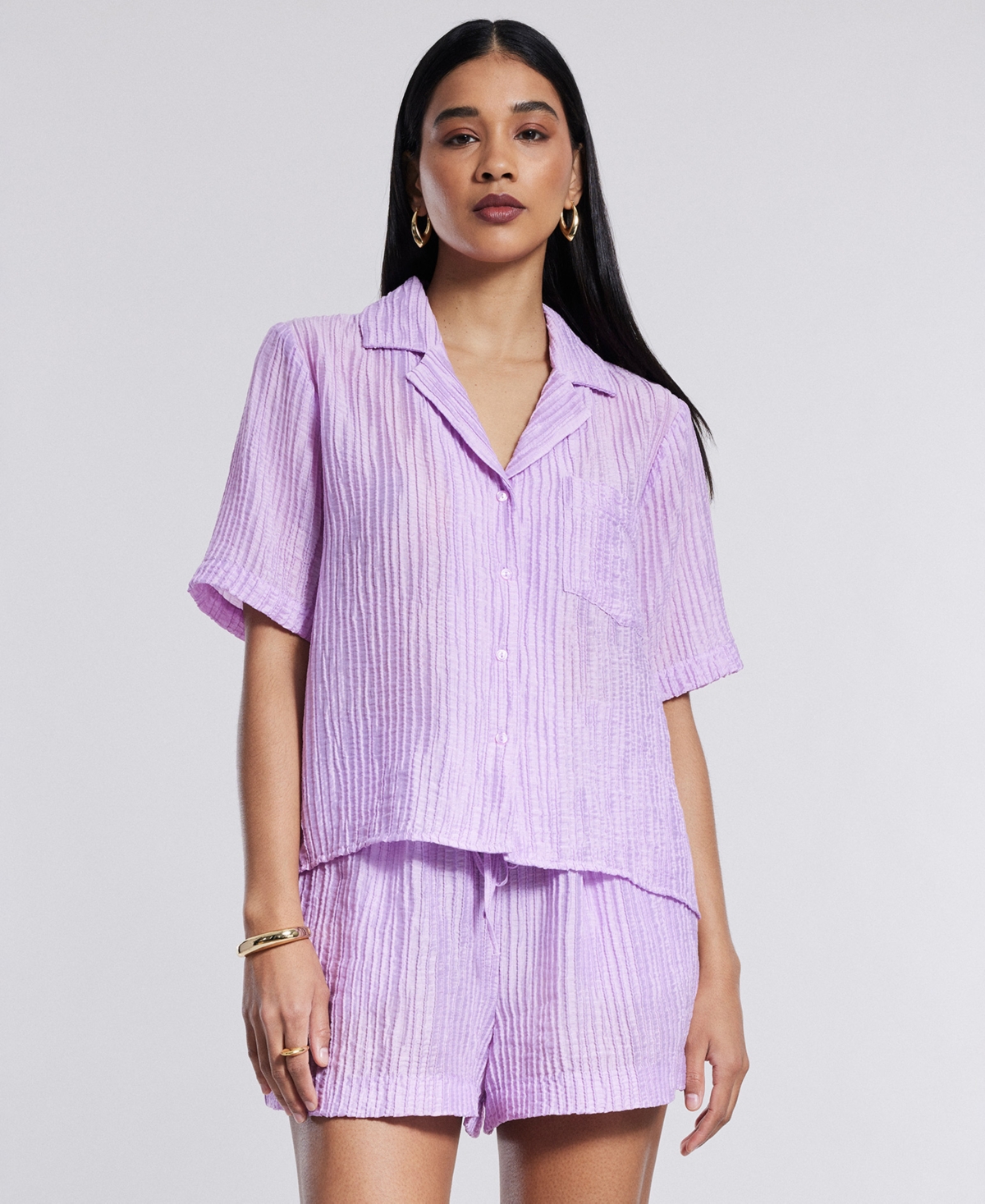 Women's Short-Sleeve Button-Up Shirt - Orchid
