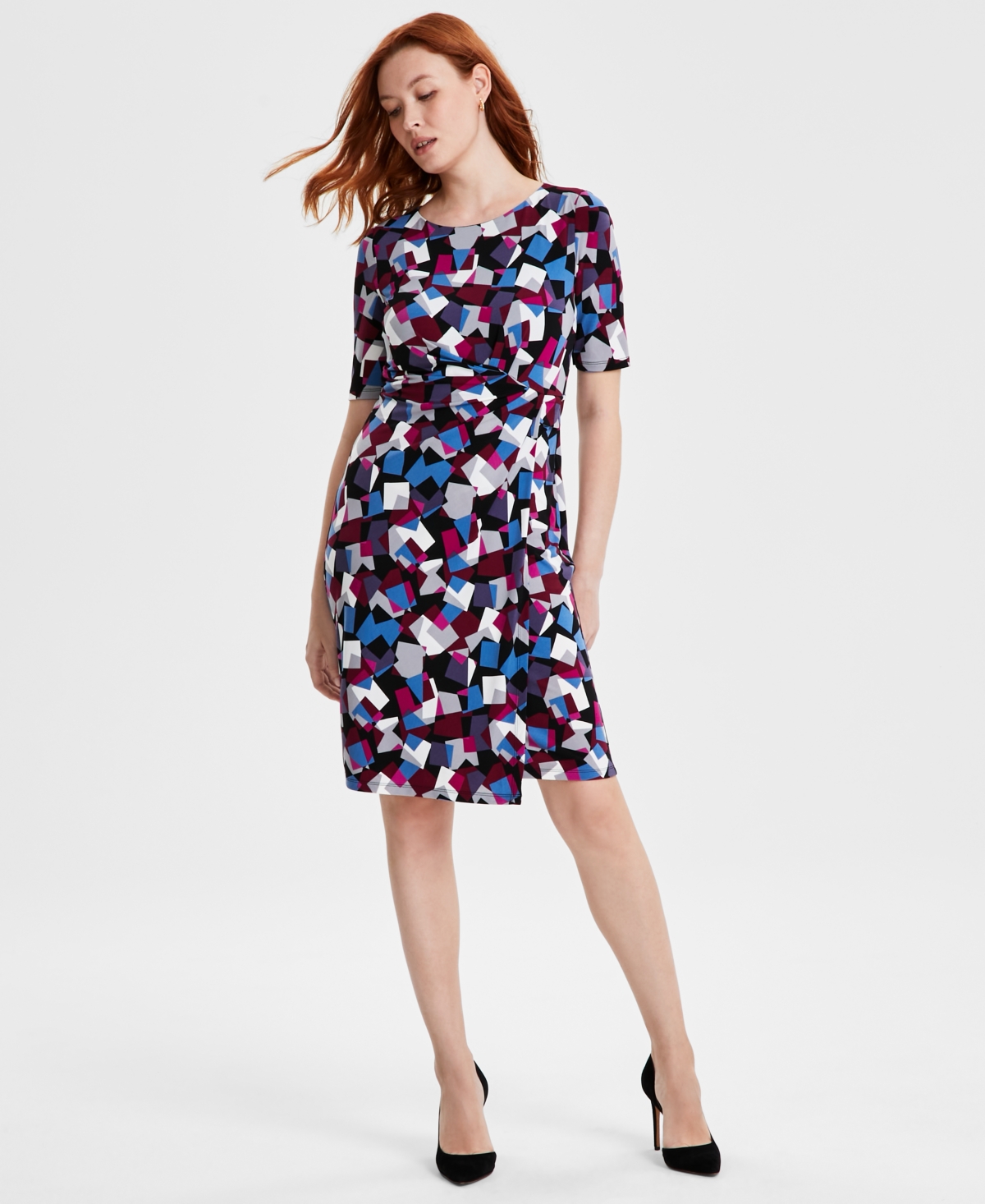 Kasper Petite Printed Faux Wrap Sheath Dress Black Cerise Multi Smart Closet
