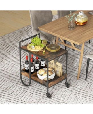 Rolling Buffet Serving Cart with Removable Metal Wire Wine Rack