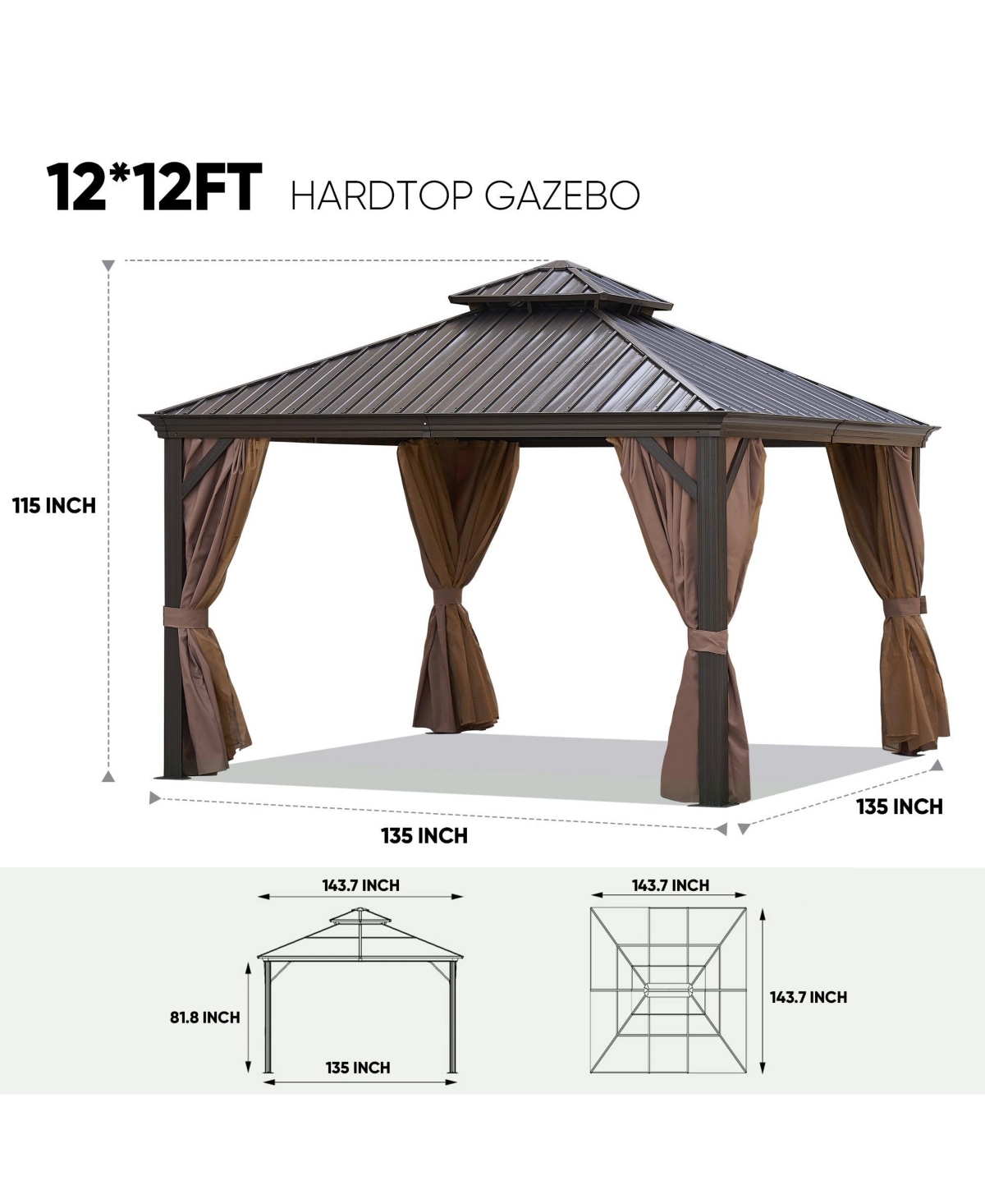 Mondawe 12x12ft Patio Gazebo Alu Gazebo with Steel Canopy Outdoor Permanent Hardtop Gazebo Canopy for Patio, Garden, Backyard