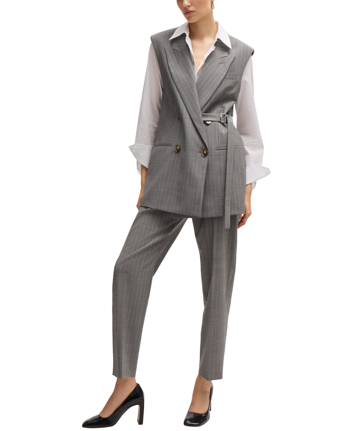 Shop Hugo Boss Boss By  Women's Pinstripe Cotton Long-sleeved Blouse In Open Misc