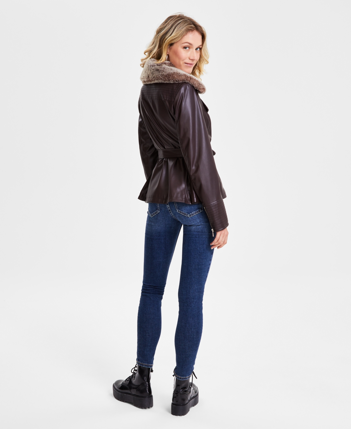 Guess Women's Faux-Fur-Trim Faux-Leather Asymmetric Belted Moto Jacket