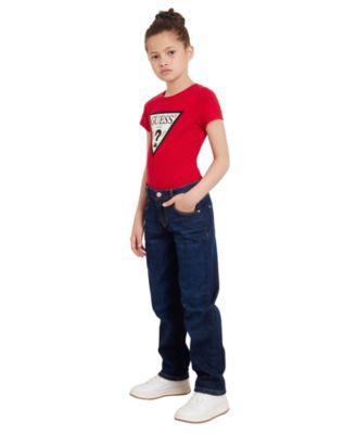 Guess Kids' Big Girls Denim 5 Pocket Straight Jeans Triangle Rhinestone Logo T Shirt In Red