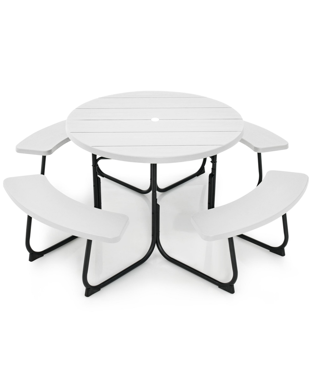Outdoor 8-person Round Picnic Table Bench Set with 4 Benches & Umbrella Hole