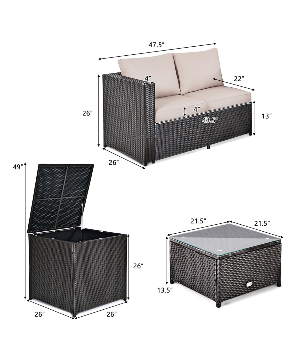 Costway 8PCS Outdoor Patio Rattan Furniture Set Cushioned Loveseat Storage Table -khaki