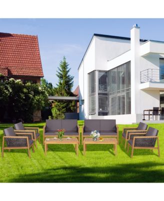 8PCS Patio Rattan Furniture Set Acacia Wood Cushioned Sofa