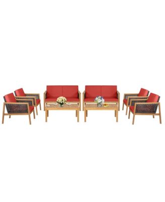 8PCS Patio Rattan Furniture Set Acacia Wood Cushioned Sofa