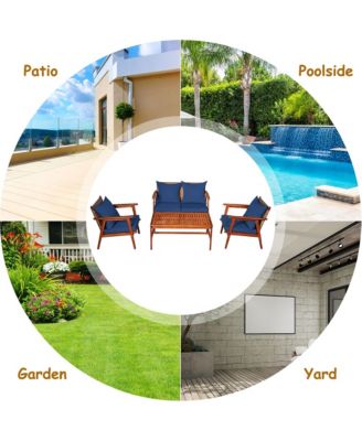 8PCS Patio Rattan Furniture Set Acacia Wood Frame Cushioned Sofa Chair Navy