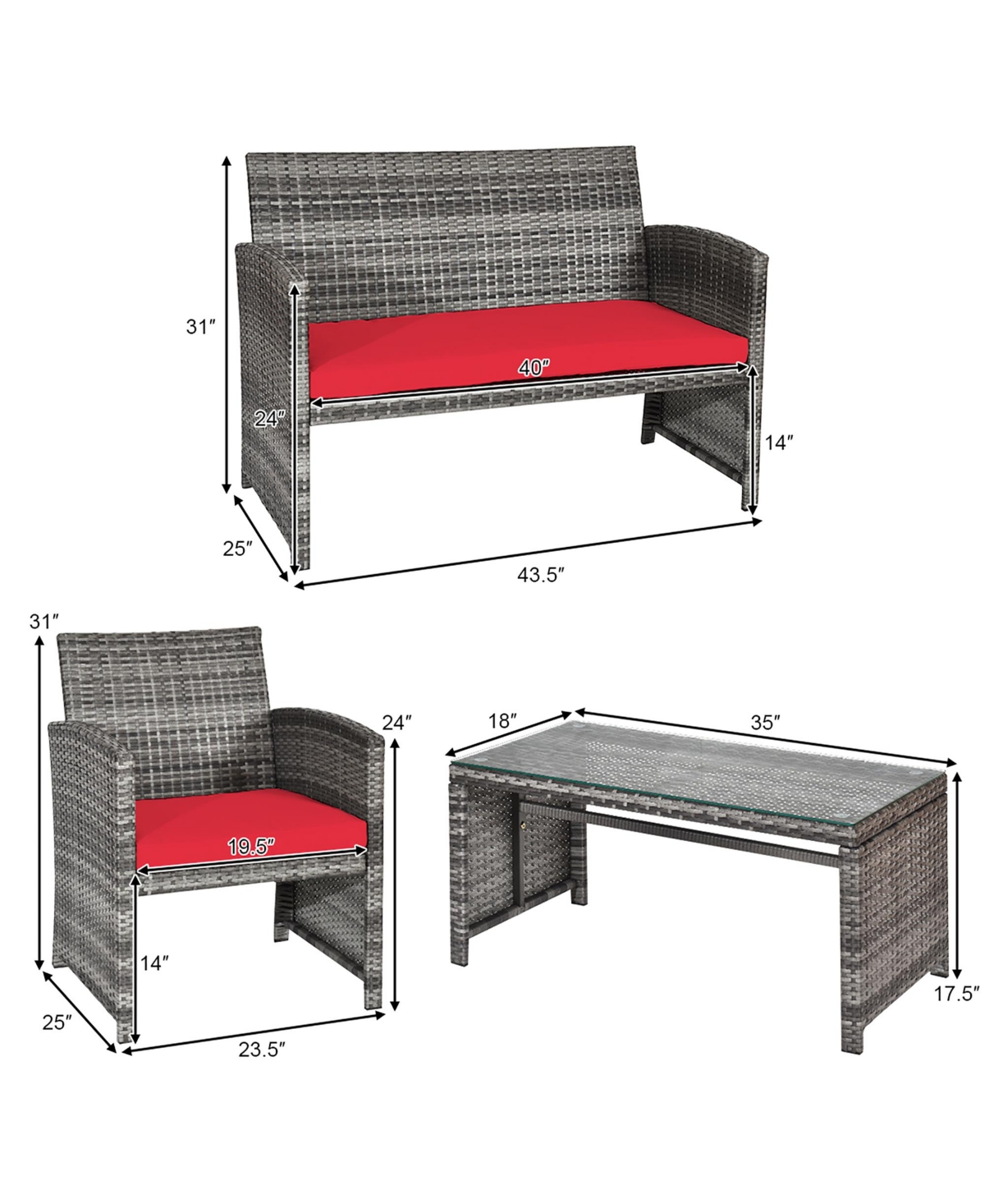 Costway 8PCS Patio Rattan Furniture Set Conversation Glass Table Top Cushioned Sofa