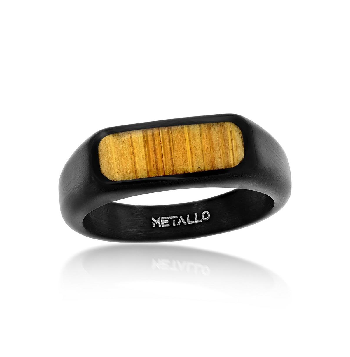 Stainless Steel Black Plated, Rectangle Wood Inlay Ring - Black